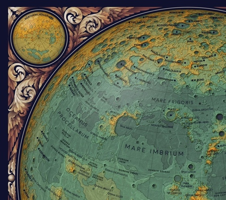 A cropped image of Eleanor Lutz’s Topographic Map of the Moon. The top-left part of a hemispheric view of topography is shown, with contours filled by hypsometric colours ranging from green-blue up to yellow-orange. Geological and geomorphological features are labelled. There is an inset showing the same map in north polar view. The margins are decorated with coppery-colour feather patterns.