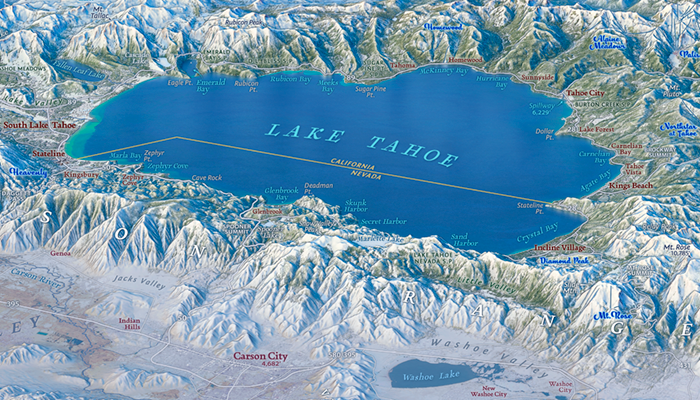 A cropped region of Eric Knight’s Lake Tahoe Panorama. The image is zoomed in on the lake itself, which is viewed from the west at a high altitude, with the Carson Range in the foreground. The map uses realistic colours and major geographic features are labelled.