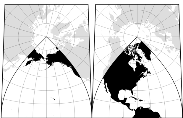 A screenshot showing top-left part of an Interrupted Transverse Mercator map produced by Jason Davies. In this projection, the world is shown split over four gores having different projection poles, with land in black and ocean in white. To minimise the visual disruption caused by the map interruption, the landmass for part of the duplicated regions which extend outside the domain of each gore is shown in grey.