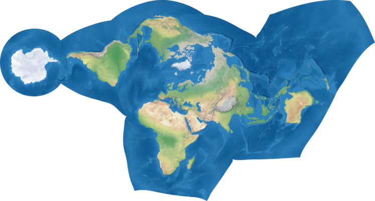 A physical world map shown using the unusual Elastic I projection, which uses interruptions to keep the continents in a contiguous group, and a spatially-variable metric to minimise distortion of these landmasses.