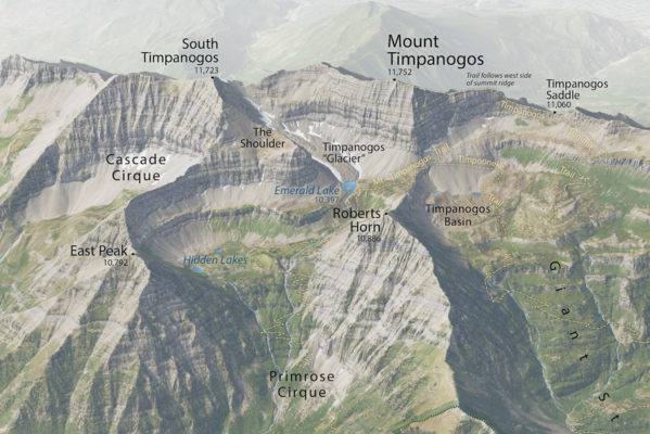 A cropped view of an oblique-view map of Mount Timpanogos in the Wasatch Range, Utah, USA, made by Tom Patterson. The map is a realistic representation of the mountain ridge as viewed from the northeast and slightly above the peak.