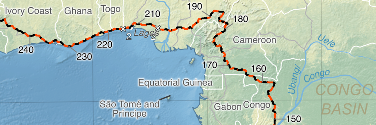 A cropped section of a map of Russ Cook’s running journey across Africa, showing his route around the Gulf of Guinea. The route is shown as alternating red and black lines for successive days of his route, against a physical map background.