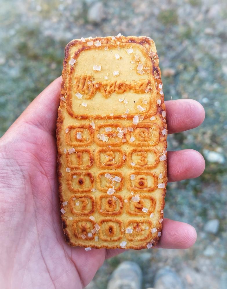 A photograph of a biscuit shaped like an old-style cell phone with numbered buttons. It is decorated with coarse sugar and held in a hand.