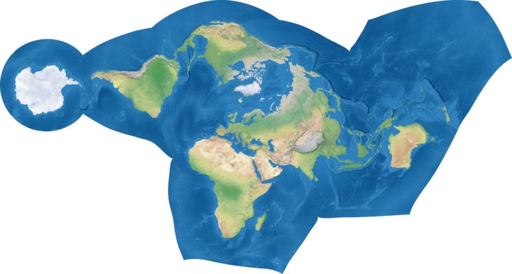 A physical world map shown using the unusual Elastic I projection, which uses interruptions to keep the continents in a contiguous group, and a spatially-variable metric to minimise distortion of these landmasses.